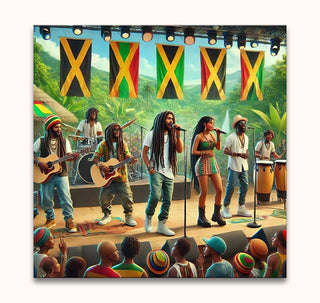 Jamaican Reggae - Olieverf op canvas depicts a vibrant reggae band performing live, featuring lead vocalists and musicians, set against a tropical backdrop.