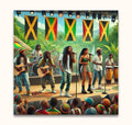 Jamaican Reggae - Olieverf op canvas depicts a vibrant reggae band performing live, featuring lead vocalists and musicians, set against a tropical backdrop.