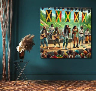 Jamaican Reggae - Olieverf op canvas: Vibrant reggae concert scene with band, vocalists, and Jamaican flags. Hand-painted, ready to hang, UV-protected, museum-quality canvas.