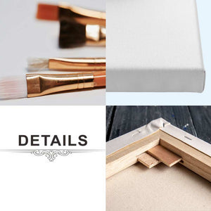 Collage of 3 Schilderijen op basis van foto: artist paintbrushes, blank canvas, DETAILS, and canvas back showing wooden frame and product specs.