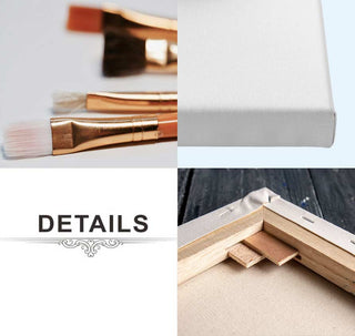 Collage of 3 Schilderijen op basis van foto: artist paintbrushes, blank canvas, DETAILS, and canvas back showing wooden frame and product specs.