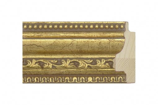 Gouden Sierlijst: Ornate gold frame moulding with beading and leaf motifs, made of wood, perfect for enhancing artworks or mirrors.