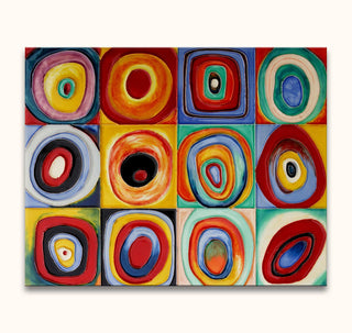 Wassily Kandinsky - Kleurstudie Kwadraten: Abstract oil painting of 12 colorful concentric square tiles, embodying modern cubist art, ready to hang.