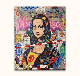 Jisbar's pop-art Mona Lisa features graffiti, luxury logos, and pop culture icons, blending high art with urban style. Hand-painted, ready to hang on museum-quality canvas.
