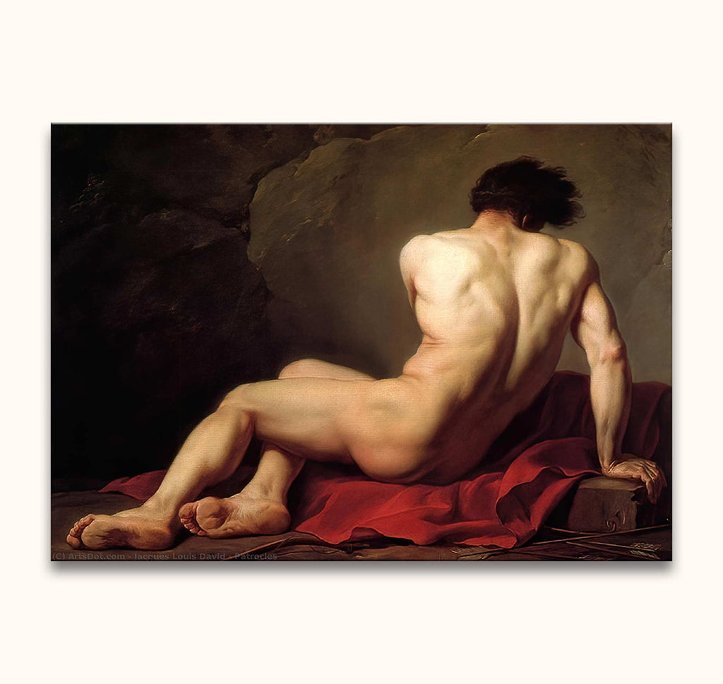Jacques Louis David's Patroclus, a hand-painted oil depicting a nude male figure seated on a red drape, emphasizing classical form and musculature.