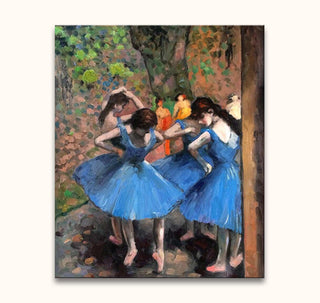 Edgar Degas - tendu la main de danse: Impressionist oil painting of three ballerinas in blue tutus on stage, capturing dance's elegance and movement.