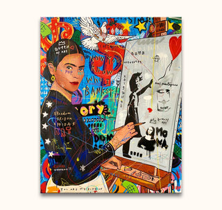 Jisbar's Frida painting featuring Frida Kahlo creating Banksy-style art, blending pop and graffiti elements. Hand-painted on museum-quality canvas, ready to hang.