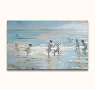 Peder Severin Krøyer's Jongens Baden bij Skagen Strand depicts children playing in the sea, reflecting impressionistic style with airy brushwork.