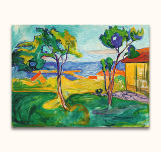 Edvard Munch's The Garden in Asgardstrand - Fauvist oil painting of trees, building, and sea, with vibrant colors and expressive brushstrokes. Ready to hang.