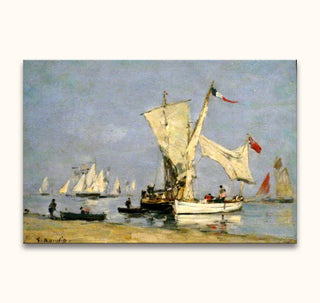 Eugène Boudin - 'Le Havre': Impressionist seascape with sailboats, rowboats, and figures on the beach. Hand-painted, ready to hang, UV-protected museum-quality canvas.