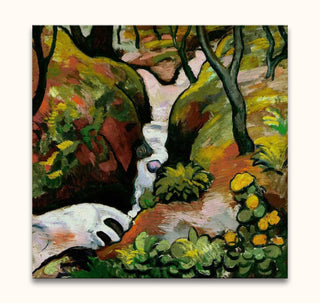 August Macke's Woud Stroom features a vibrant, abstracted Post-Impressionist landscape of a stream among mossy boulders and foliage, hand-painted on museum-quality canvas.