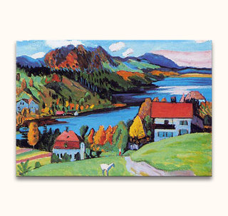 Gabriële Munter - Staffelsee in Autumn: A vibrant landscape with hills, houses, and a lake, showcasing bold colors and expressionist style, hand-painted on high-quality canvas.