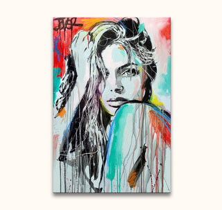 Loui Jover - In Spirit: A graffiti-inspired portrait of a woman with dynamic brushstrokes, capturing expressive energy and modern artistry. Hand-painted on high-quality canvas.