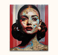 Loui Jover's 'Ready for Action' portrait features a woman's collage face with expressive brushwork, showcasing pop art style on museum-quality canvas.
