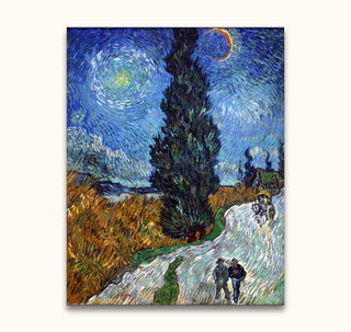 Vincent van Gogh's Landweg in de Provence bij Nacht: a vivid Post-Impressionist scene with a winding road, cypress tree, and figures, hand-painted on high-quality canvas.