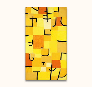 Paul Klee's Beelden in Geel, an abstract painting with yellow, gold, and orange rectangles, black strokes. Hand-painted, museum-quality, and ready to hang.