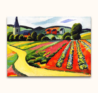 August Macke's Landschap met Kerk en Weg features vibrant fields, a winding path, trees, houses, and a church, showcasing expressionistic style on museum-quality canvas.