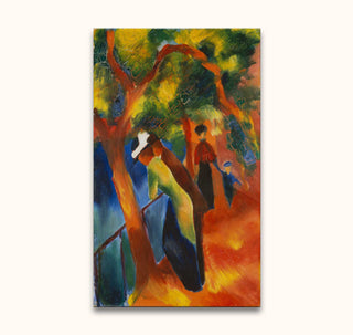 August Macke's Sonniger Weg painting features a woman in a green jacket, a child, and another figure walking under tree-lined paths.