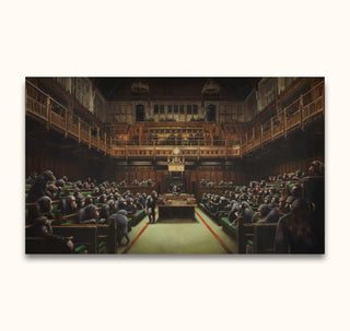 Banksy - Devolved Parliament: Hand-painted oil on canvas of chimpanzees in a parliamentary setting, echoing British House of Commons. Ideal for pop and street art enthusiasts.