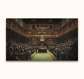 Banksy - Devolved Parliament: Hand-painted oil on canvas of chimpanzees in a parliamentary setting, echoing British House of Commons. Ideal for pop and street art enthusiasts.