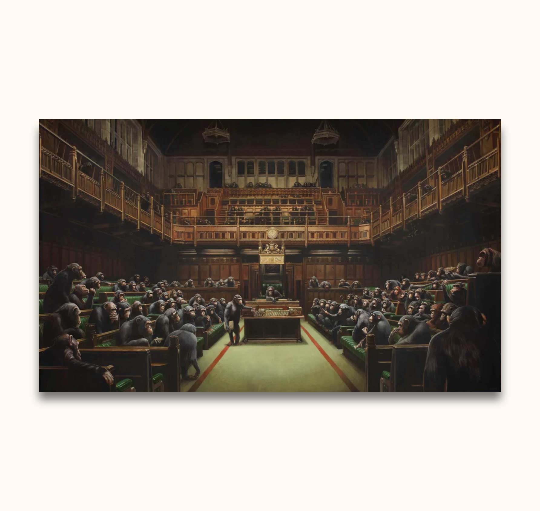 Banksy - Devolved Parliament: Hand-painted oil on canvas of chimpanzees in a parliamentary setting, echoing British House of Commons. Ideal for pop and street art enthusiasts.