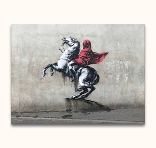 Banksy - Red Horseman: A street art-inspired oil painting depicting a hooded figure on a rearing white horse, featuring vivid red accents.
