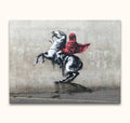 Banksy - Red Horseman: A street art-inspired oil painting depicting a hooded figure on a rearing white horse, featuring vivid red accents.