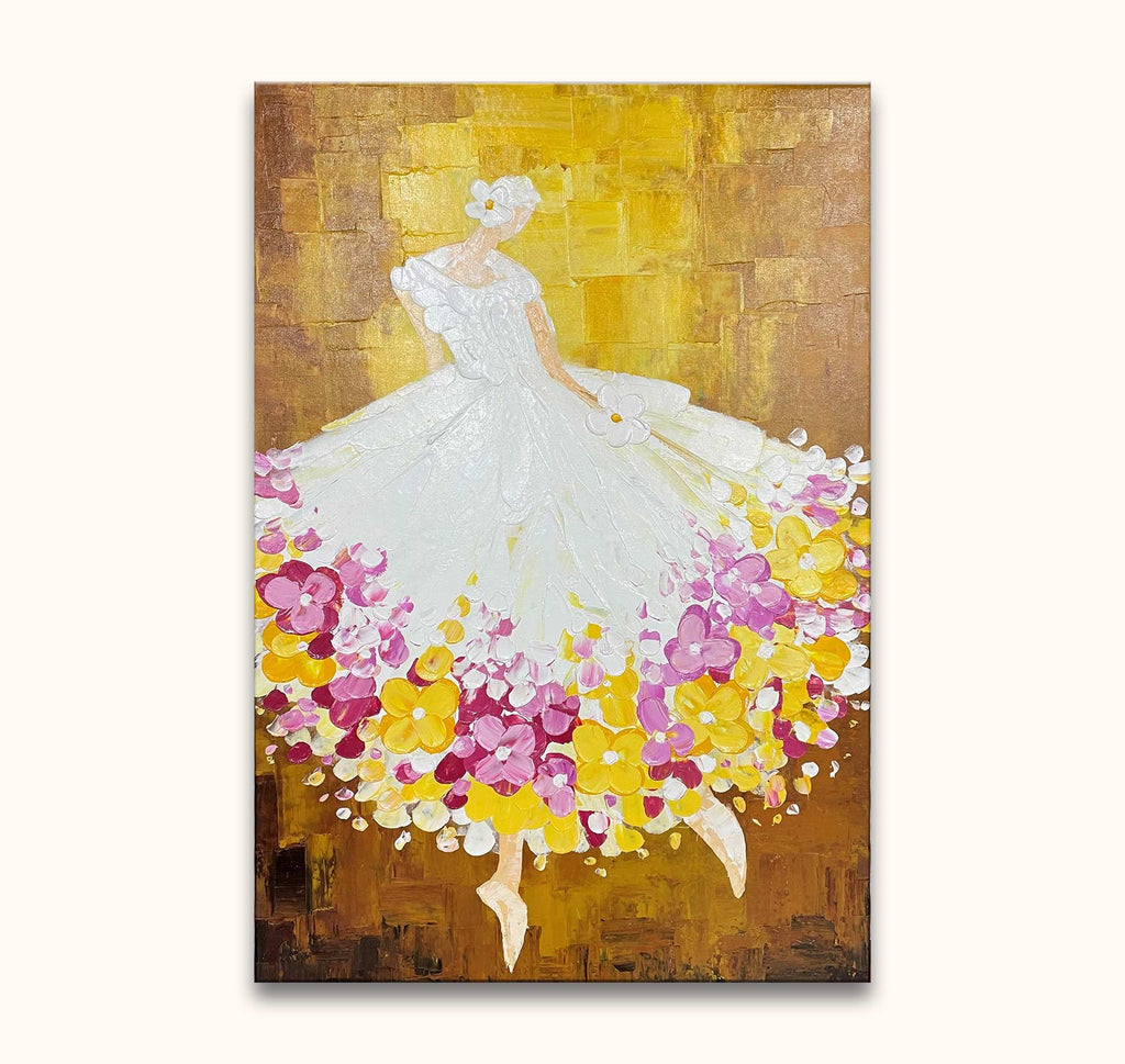 Balletdanseres in witte jurk met bloemen, impressionistisch geschilderd. Colourful Ballerina – Dikke olieverf op canvas. Handgeschilderd met dikke olieverf, klaar om op te hangen.