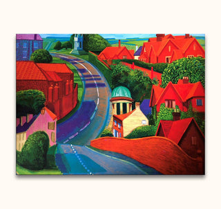 David Hockney's The Road to York through Sledmere captures a vibrant village with vivid red houses, lush greenery, and a turquoise-domed pavilion, ideal for modern art lovers.