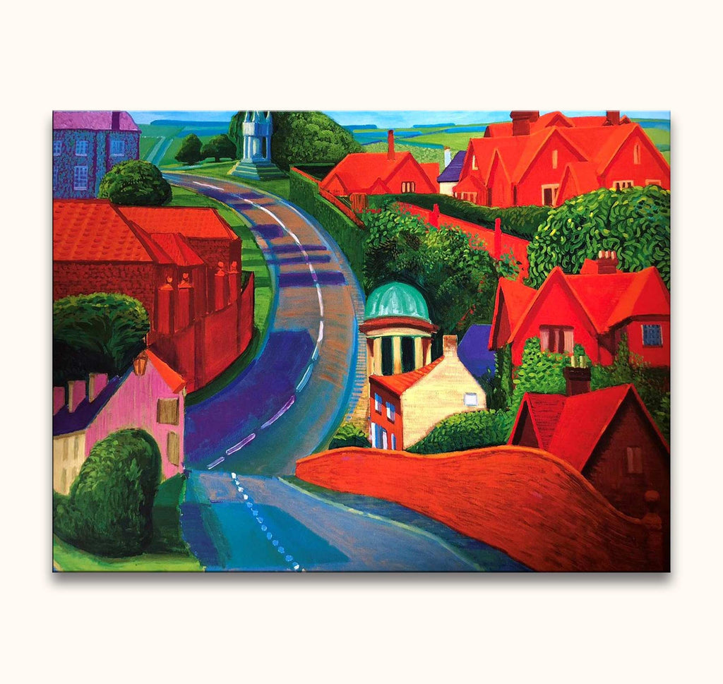 David Hockney's The Road to York through Sledmere captures a vibrant village with vivid red houses, lush greenery, and a turquoise-domed pavilion, ideal for modern art lovers.
