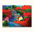 David Hockney's The Road to York through Sledmere captures a vibrant village with vivid red houses, lush greenery, and a turquoise-domed pavilion, ideal for modern art lovers.