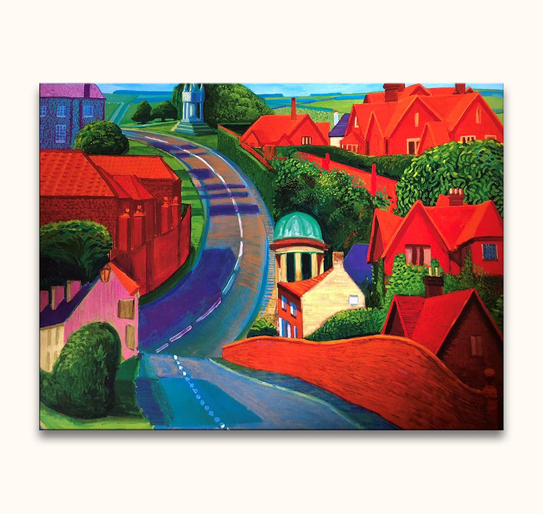 David Hockney's The Road to York through Sledmere captures a vibrant village with vivid red houses, lush greenery, and a turquoise-domed pavilion, ideal for modern art lovers.