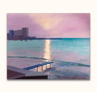 David Hockney's Early Morning in Sainte Maxime depicts a serene harbor scene with a gangway, boats, and sunrise reflection. Oil painting on high-quality canvas.