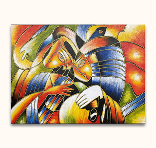 Twee abstracte figuren in kubistische stijl, Annabella luistert naar gitaar, geïnspireerd door Picasso. Olieverf op canvas, rijk aan kleur en beweging.