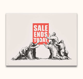 Banksy - End of Sales: Five biblical figures surround a bold SALE ENDS TODAY sign, blending classical art with modern pop and street style.