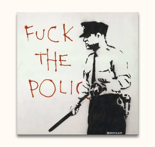 Banksy - To Serve and Protect: A stencil-style graffiti of a police officer with a provocative red tag, hand-painted on high-quality, UV-protected canvas.