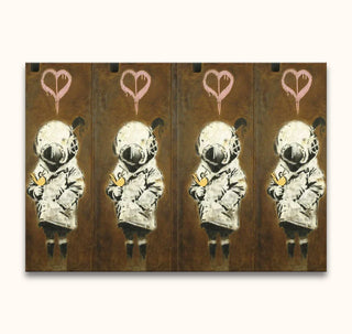 Banksy - Four Divers: Hand-painted pop art featuring four vintage divers with birds, in a Banksy graffiti style. Ready to hang on stretched canvas.
