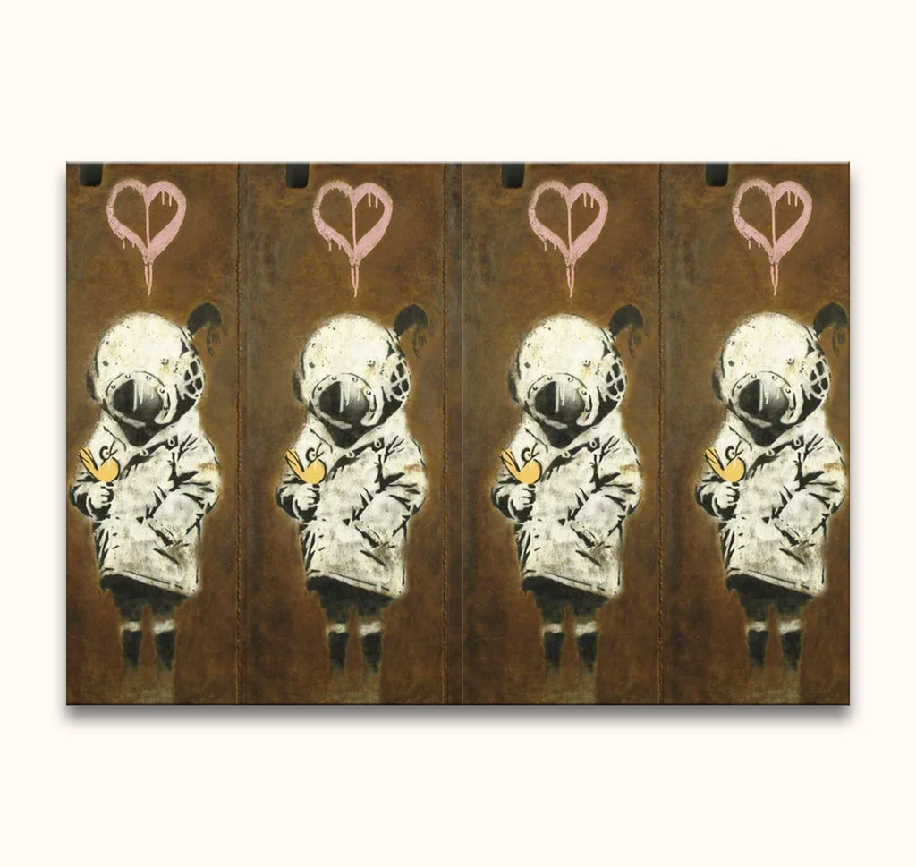 Banksy - Four Divers: Hand-painted pop art featuring four vintage divers with birds, in a Banksy graffiti style. Ready to hang on stretched canvas.