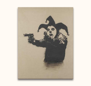 Banksy - Insane Clown: A jester with face paint and a red nose holds a handgun in this hand-painted, street-art style oil painting.