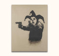 Banksy - Insane Clown: A jester with face paint and a red nose holds a handgun in this hand-painted, street-art style oil painting.