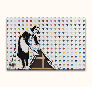Banksy - Keep it Spotless: A 1950s maid stencil lifts vibrant polka-dot wallpaper, revealing a canvas frame. Hand-painted pop art, ready to hang, UV-protected.
