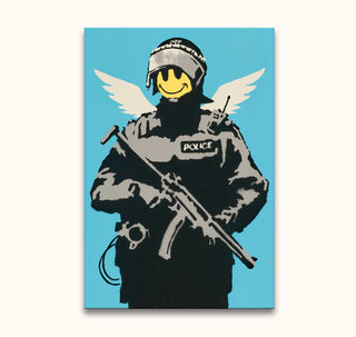 Banksy - Keep Smiling: A stencil-style artwork of a riot officer with angel wings and a smiley face, hand-painted on high-quality canvas, ready to hang.