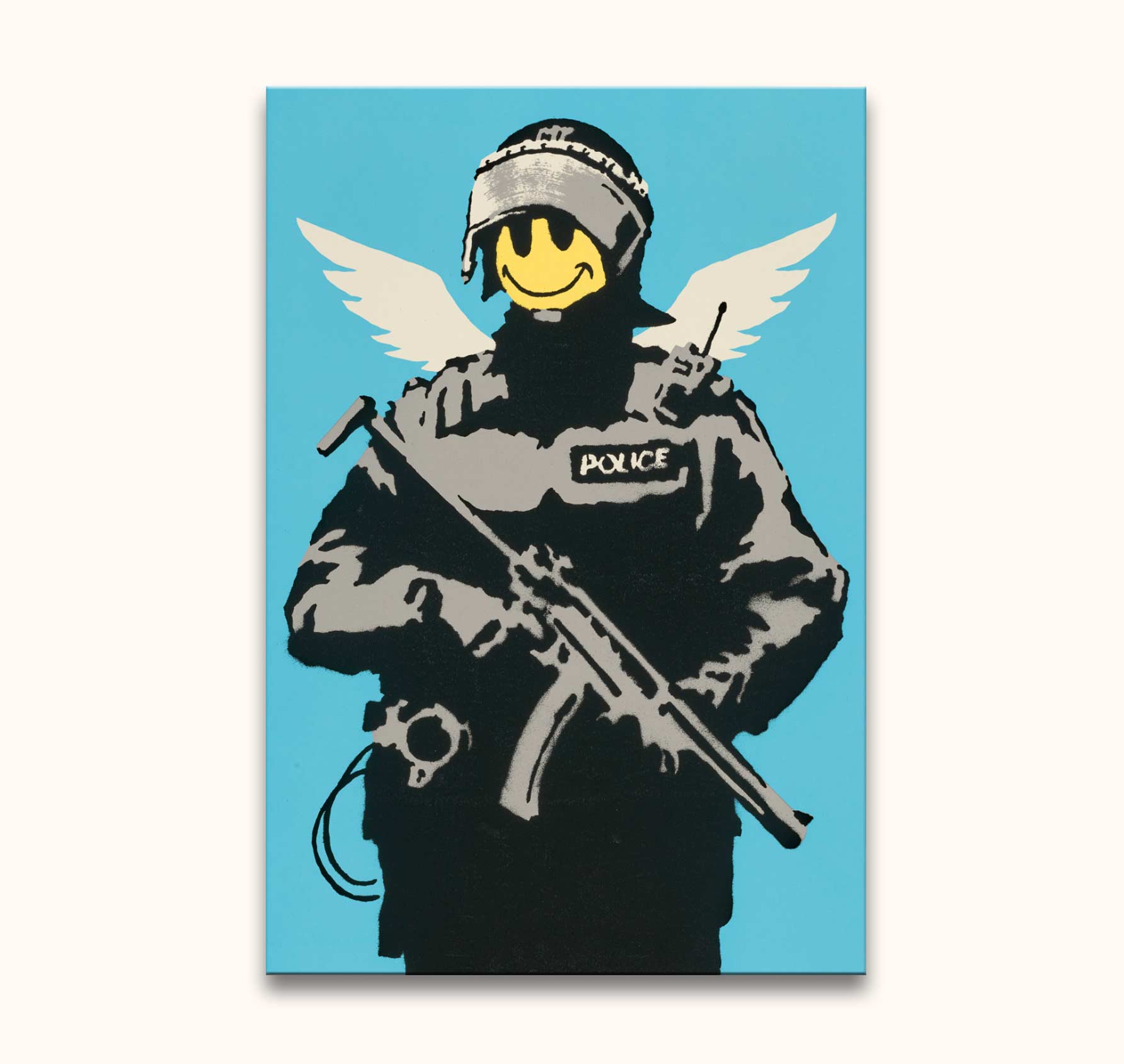 Banksy - Keep Smiling: A stencil-style artwork of a riot officer with angel wings and a smiley face, hand-painted on high-quality canvas, ready to hang.