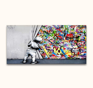 Banksy - Live like a Kid (75x37cm): Child pulls back gray curtain, revealing vibrant graffiti. Hand-painted, high-quality oil on museum-grade canvas. Ready to hang.
