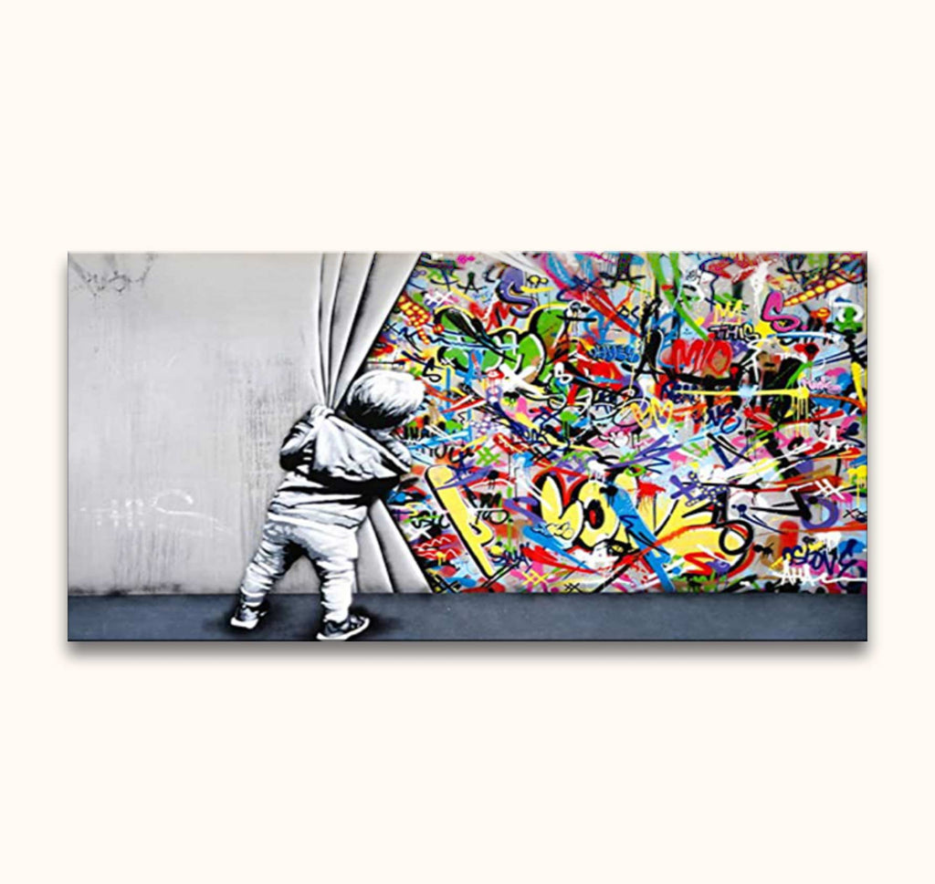 Banksy - Live like a Kid (75x37cm): Child pulls back gray curtain, revealing vibrant graffiti. Hand-painted, high-quality oil on museum-grade canvas. Ready to hang.