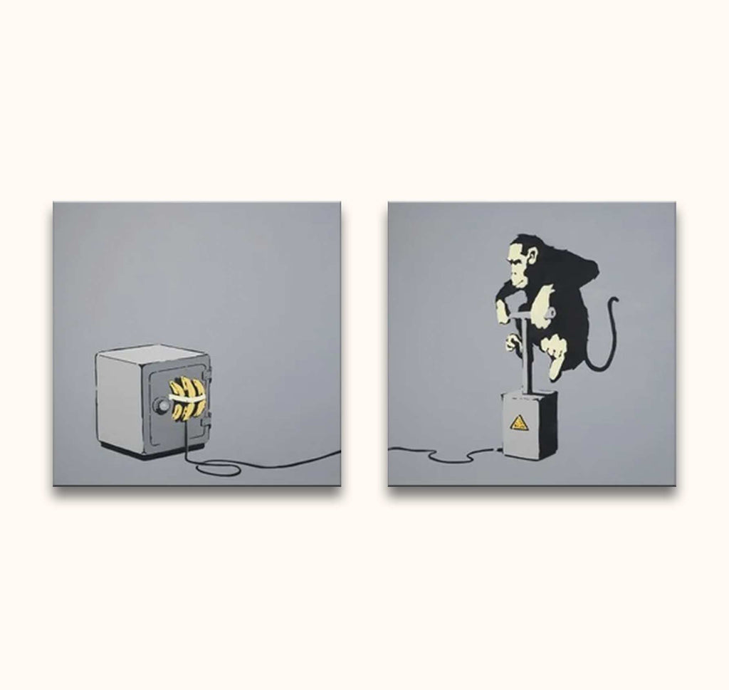 Banksy - Monkey Burglary: Two-panel street art-style painting of a monkey powering a banana-decorated safe with a lever. Hand-painted, ready to hang on museum-quality canvas.