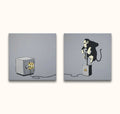 Banksy - Monkey Burglary: Two-panel street art-style painting of a monkey powering a banana-decorated safe with a lever. Hand-painted, ready to hang on museum-quality canvas.