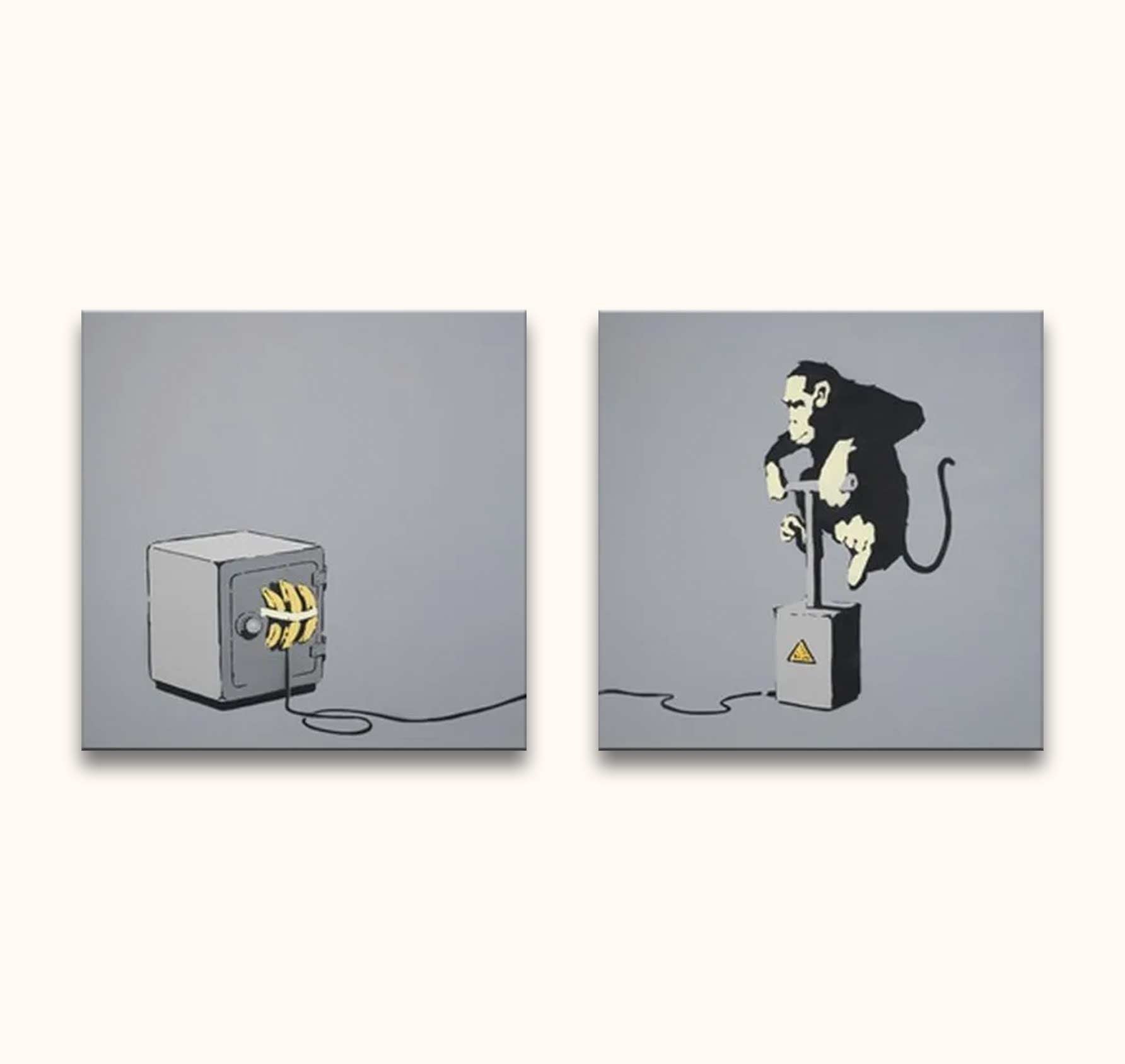 Banksy - Monkey Burglary: Two-panel street art-style painting of a monkey powering a banana-decorated safe with a lever. Hand-painted, ready to hang on museum-quality canvas.