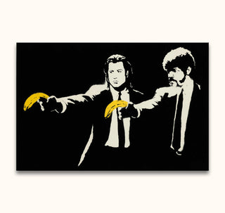 Banksy - Pulp Fiction: Two men in suits hold yellow bananas like pistols, a parody of crime films. Hand-painted pop art in high-quality oil on canvas.