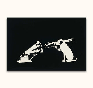 Banksy - His Master's Voice: A playful black-and-white stencil-style artwork featuring a dog with a telescope peering into a gramophone's horn, capturing pop art charm.